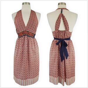 Rozae Nichols Silk Red White Blue Halter Empire Beaded Belted Boho Dress P